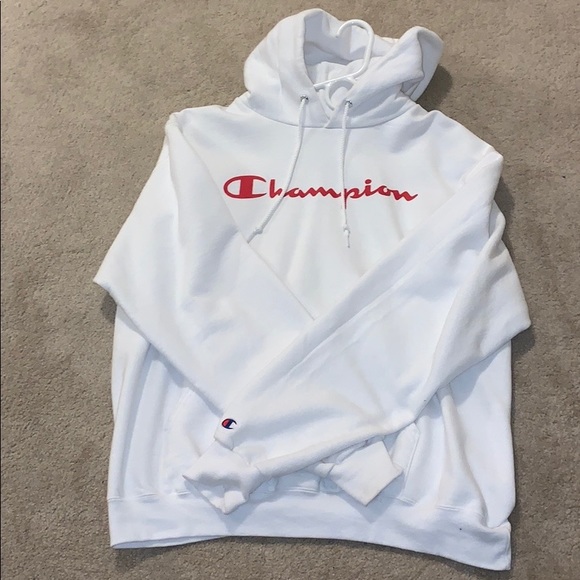 white champion hoodie red writing
